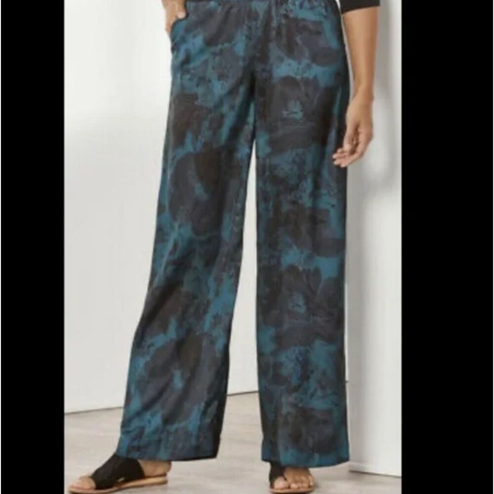 Women Soft Surroundings Floral Bosha Wide Leg Pants in Green Black Size Medium